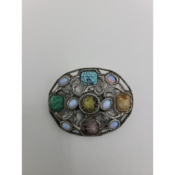 Vintage Miracle Scottish Celtic Brooch Faux Agate Opal Glass Stones Silver tone - Picture 6 of 13